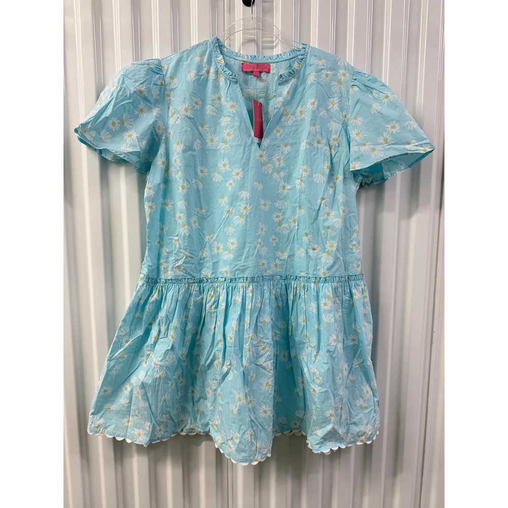 Simply Southern Mini Dress Womens L Blue New Daisy Cotton Scallop Hem Babydoll